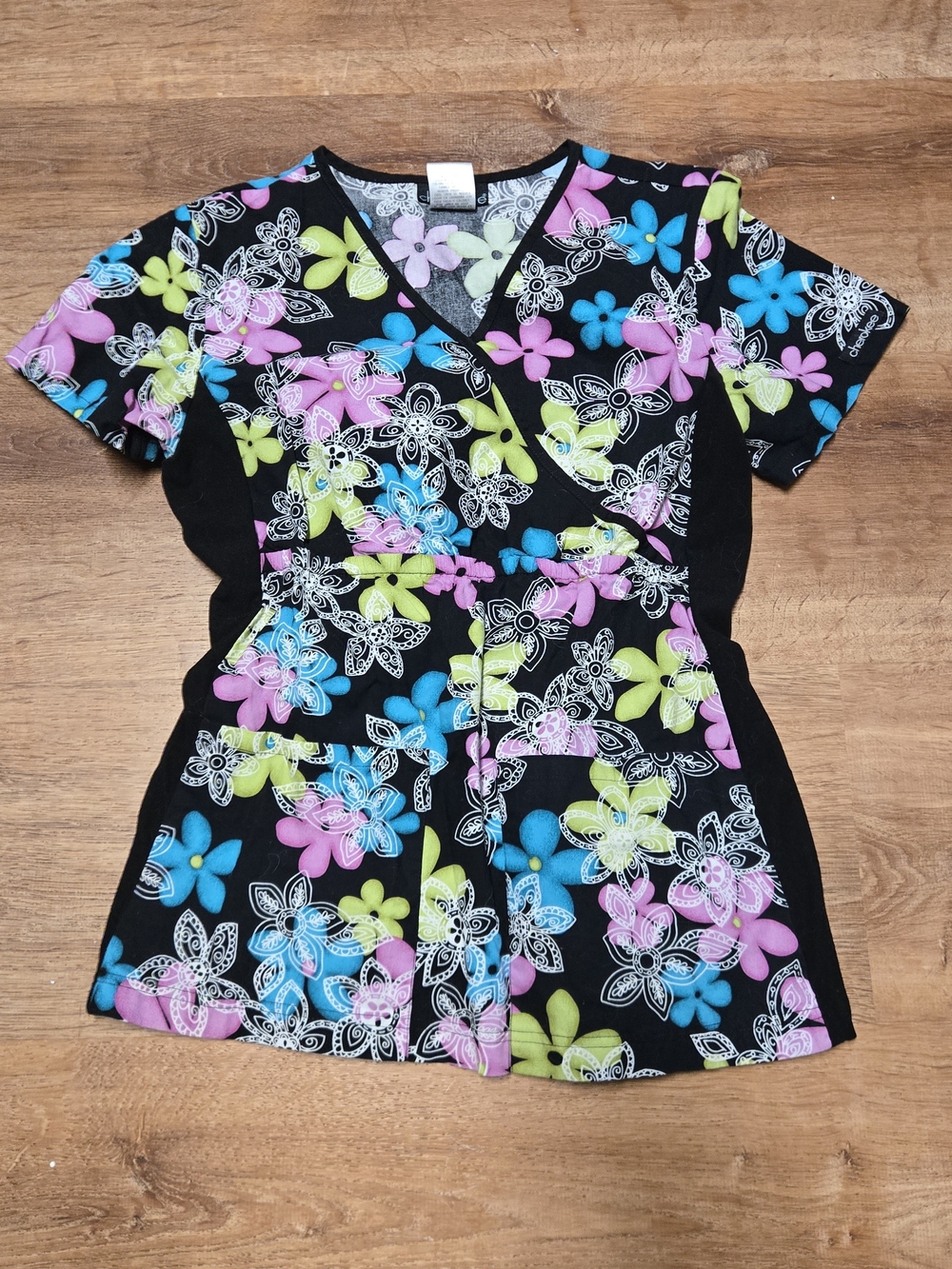 Cherokee Black Floral-Print Scrub Top with Pink, Blue & Lime Flowers Extra Small